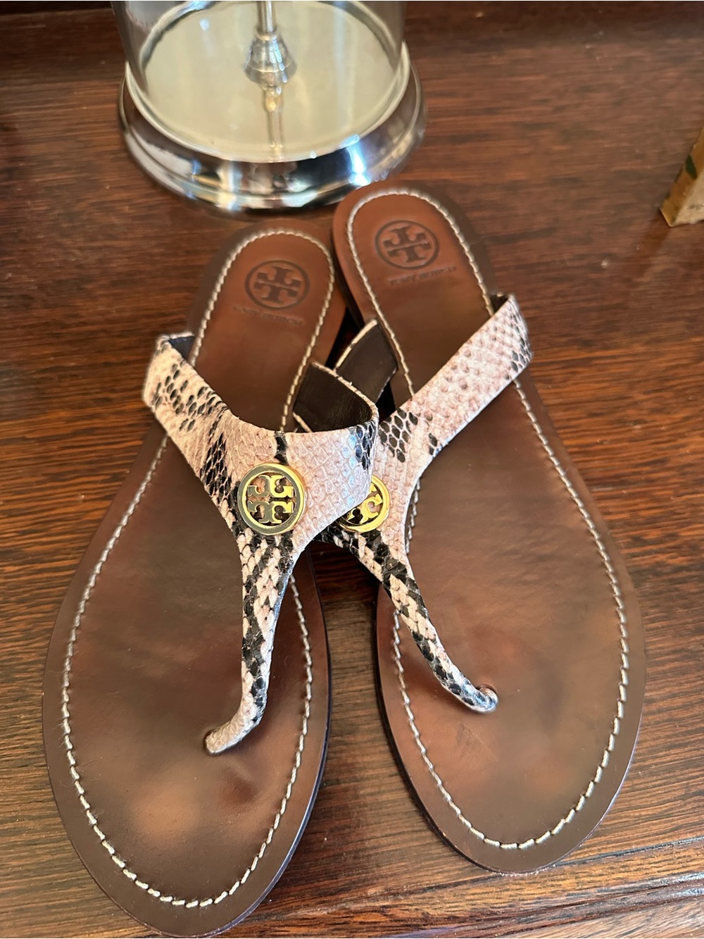 Tory Burch Brown Leather Thong Sandals with Snake-Print Straps - Picture 3 of 6
